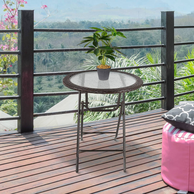 Round folding camping table - brown rattan, steel, Ø68 Cm