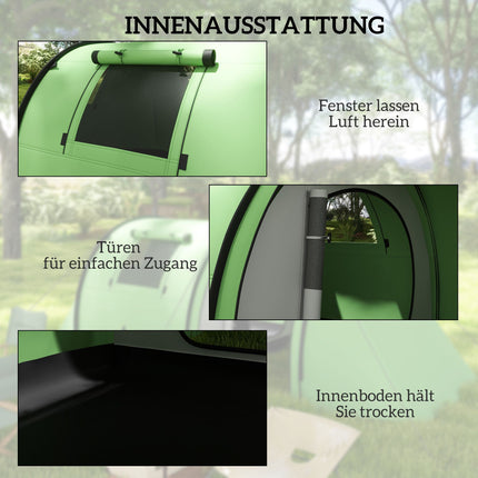 Kempinga telts 4 personām, ūdensizturīga, 2 istabu, tumši zaļa