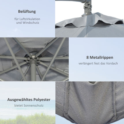 Konsoles saulessargs, Ø2,92 M saulessargs ar rokas kloķi, atsvariem, dārza saulessargs ar pārsegu, krusteniska pamatne, tērauds, Oksfordas tumši pelēks