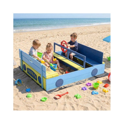 Car-Shaped Sandpit with Bench Lid, Steering Wheel and Liner, Fir Wood, Blue