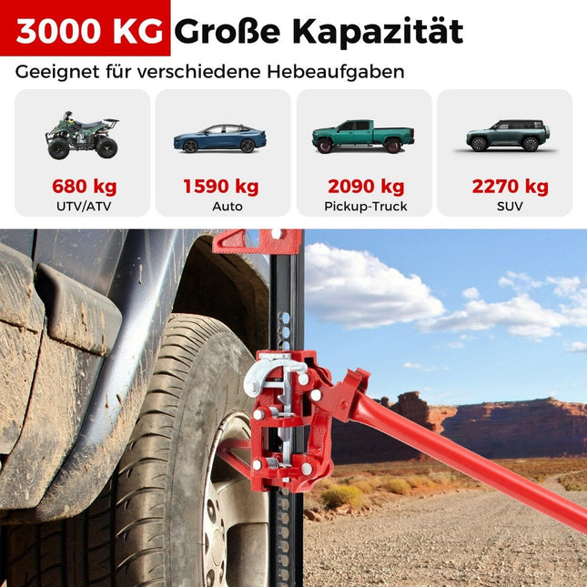 Auto domkrats 3T, augsta pacelšanas universālais domkrats bezceļu stieņa vinčai, 112 cm, bagāžnieka domkrats, sarkans