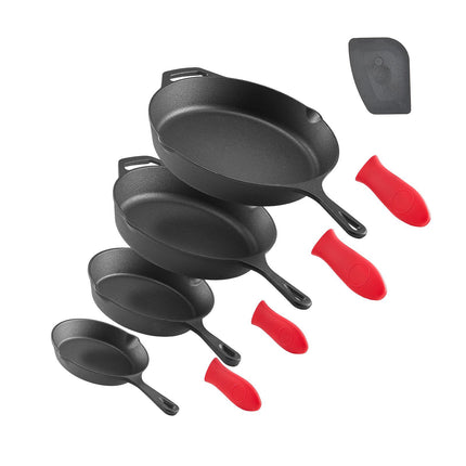 Cast Iron Skillet Set, 4-Piece, Pre-Seasoned, Silicone Grip