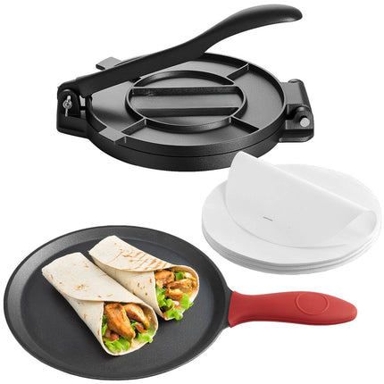 Cast Iron Tortilla Press 10 Inch, Handle, 100 Parchment Sheets