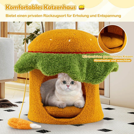 Kaķu gultas ala, hamburgera formā, plīša spilvens, oranža