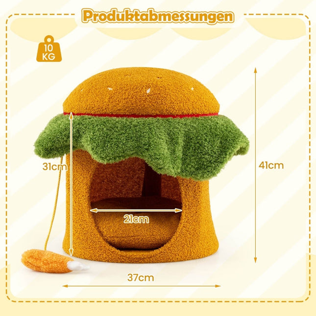 Kaķu gultas ala, hamburgera formā, plīša spilvens, oranža