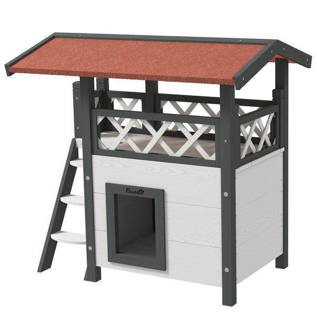 Kaķu māja ar asfalta jumtu, divstāvu kaķu māja ar balkonu, kaķu villa ar kāpnēm, masīvkoks, balta, 77 x 50 x 73 cm