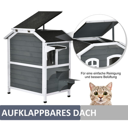 Kaķu māja ar asfalta jumtu, laikapstākļiem izturīga, āra kaķu māja ar kāpnēm, 2 līmeņi, egles koks, pelēka, 78x55,5x91 cm