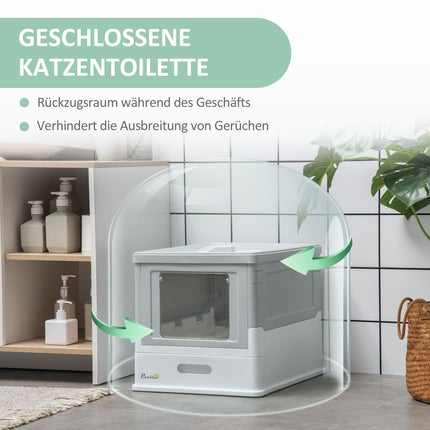 Kaķu pakaišu kaste ar vāku, kaķu mājiņa ar pamatni, paplāti un kausiņu, dezodorācijas kaste, plastmasa, balta + pelēka, 47,5 x 35,5 x 36,7 cm