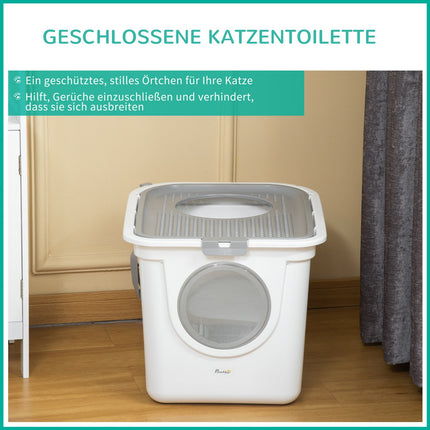 Kaķu tualete ar vāku, tualete ar kausiņu, līdz 5 kg, iekštelpām, plastmasa, pelēka+balta, 44x55x39 cm