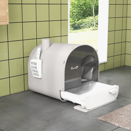Kaķu pakaišu tualetes pārsegs līdz 5 kg, kaķu kastes vāks, lāpsta, pagarināma paplāte, kaķu pakaišu paklājiņš, plastmasa, pelēka, 43x44x47 cm
