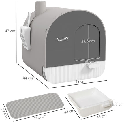 Kaķu pakaišu tualetes pārsegs līdz 5 kg, kaķu kastes vāks, lāpsta, pagarināma paplāte, kaķu pakaišu paklājiņš, plastmasa, pelēka, 43x44x47 cm