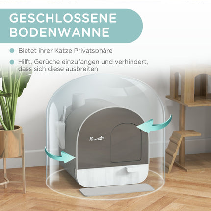 Kaķu pakaišu tualetes pārsegs līdz 5 kg, kaķu kastes vāks, lāpsta, pagarināma paplāte, kaķu pakaišu paklājiņš, plastmasa, pelēka, 43x44x47 cm