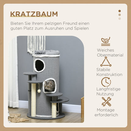 Kaķu Asināšanas Muca 99 Cm Spēļu Muca Ar Kaķu Gulta, Spēļu Bumbu un Platformām, Kaķu Mēbeles, Pelēka