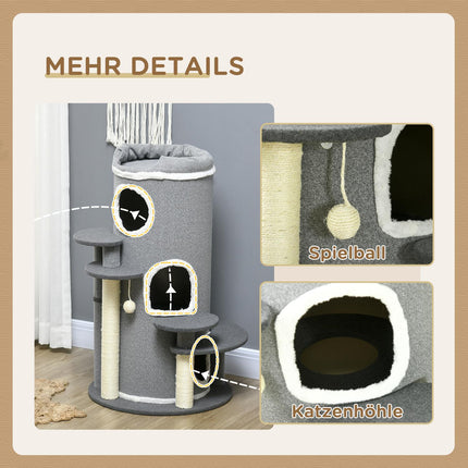 Kaķu Asināšanas Muca 99 Cm Spēļu Muca Ar Kaķu Gulta, Spēļu Bumbu un Platformām, Kaķu Mēbeles, Pelēka