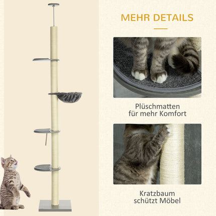 Kaķu skrāpēšanas stabs, griestu augstums 230-250 cm, ar šūpuļtīklu, regulējams augstums, pelēks + krēmbalts