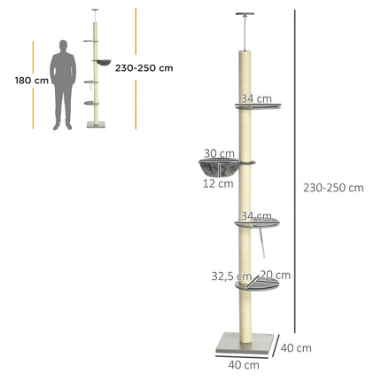 Kaķu skrāpēšanas stabs, griestu augstums 230-250 cm, ar šūpuļtīklu, regulējams augstums, pelēks + krēmbalts
