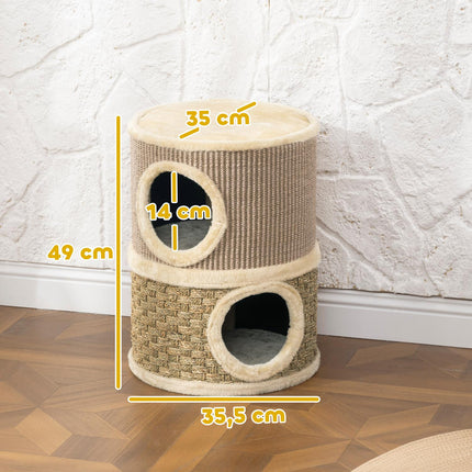 Kaķu asināšanas tornis, 49 cm, 2 līmeņi, plīša mala, haki krāsā