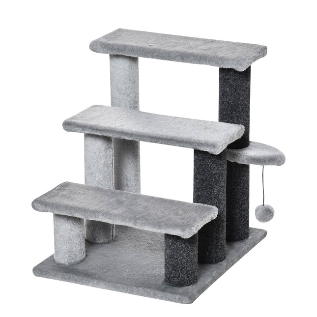 Kāpnes kaķiem, Kāpnes mājdzīvniekiem, Kāpnes suņiem, Kāpnes kaķiem un suņiem, 3 pakāpieni, ar rotaļu bumbu, Plīša, Pelēkas, 45x40x48cm