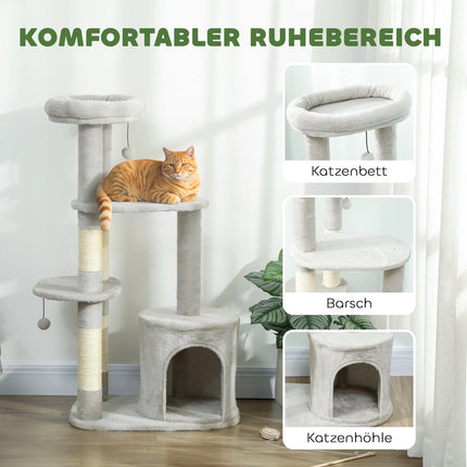 Kaķu tornis 114 cm, sizala stabi, daudzlīmeņu, gaiši pelēks