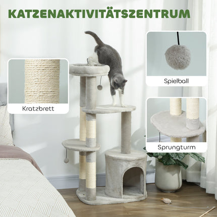 Kaķu tornis 114 cm, sizala stabi, daudzlīmeņu, gaiši pelēks