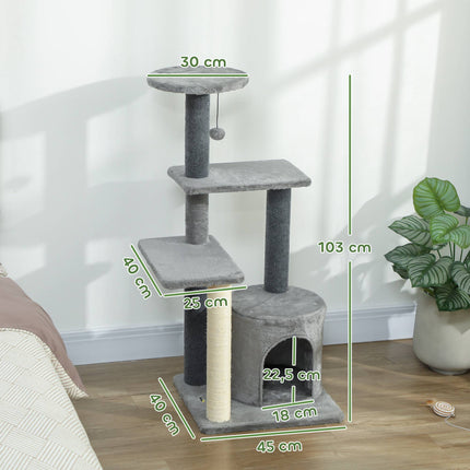 Kaķu koks 103 cm ar platformām un sizala stabiem, pelēks