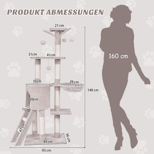 Kaķu koks 140 cm ar platformām, sizala stabi, bēšs