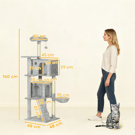 Kaķu koks 160 cm, daudzlīmeņu, sizala stabi, šūpuļtīkls, platformas