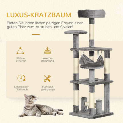 Kaķu koks, kaķu asināšanas stabs, kaķu rotaļu tornis, kaķu kāpšanas koks, asināšanas stabs, šūpuļtīkls, pelēks, garums 40 x platums 40 x augstums 132 cm