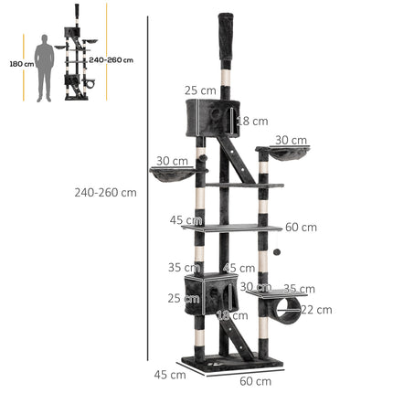 Kaķu koks, asināšanas stabs, kāpšanas koks, kaķis, sizala koks, augsti griesti (regulējams augstums no 240 līdz 260 cm), tumši pelēks