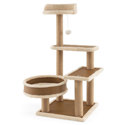 Kaķu koka tornis 90 cm, rotangpalmas paklājiņš, skrāpējamie stabi
