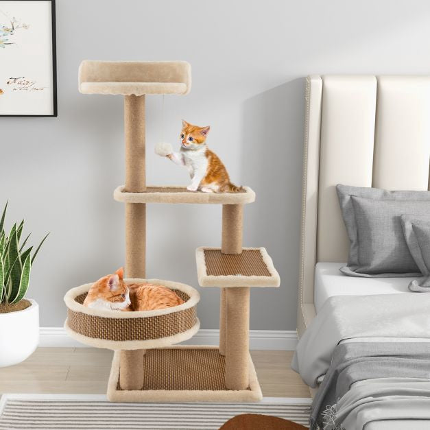 Kaķu koka tornis 90 cm, rotangpalmas paklājiņš, skrāpējamie stabi