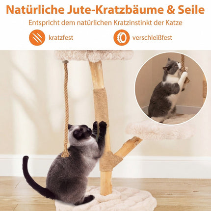 Kaķu koks ar 3 plīša platformām, džutas stabiem, 90 cm, bēšs