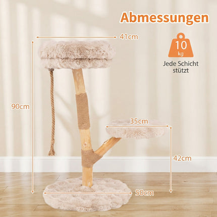 Kaķu koks ar 3 plīša platformām, džutas stabiem, 90 cm, bēšs