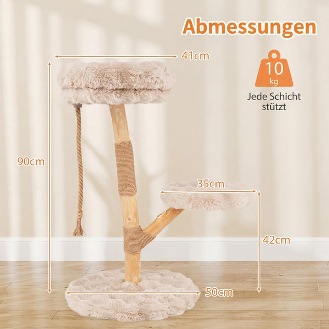 Kaķu koks ar 3 plīša platformām, džutas stabiem, 90 cm, bēšs