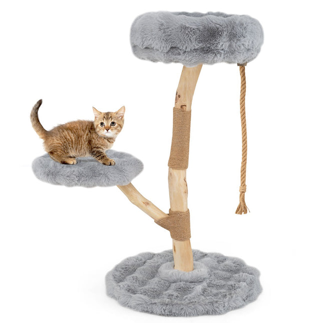 Kaķu koks ar 3 plīša platformām, džutas stabiem, 90 cm, pelēks