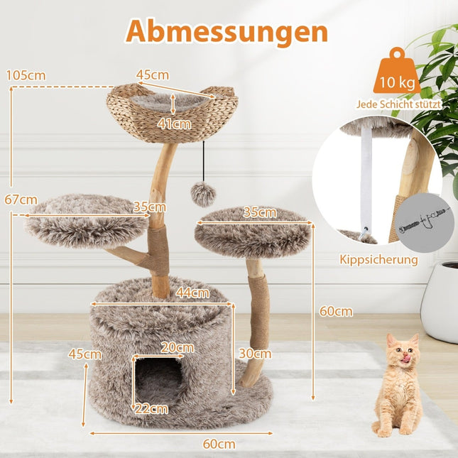 Kaķu māja ar alu, 105 cm, bērza koks, plīša platformas