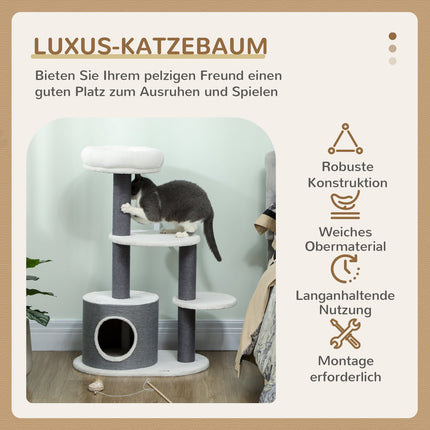 Kaķu koks ar alu, gulta, platformas, džutas stabi, balts/pelēks