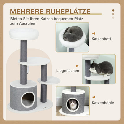 Kaķu koks ar alu, gulta, platformas, džutas stabi, balts/pelēks