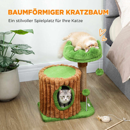 Kaķu māja ar alu, džutas stabi, 2 bumbiņas, brūna/zaļa