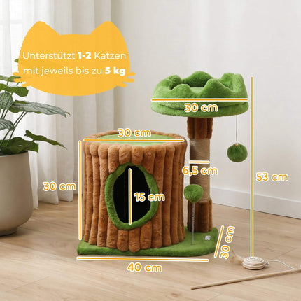 Kaķu māja ar alu, džutas stabi, 2 bumbiņas, brūna/zaļa