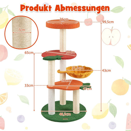 Kaķu māja ar augļu motīvu, 100 cm, sizala skrāpējamie stabi