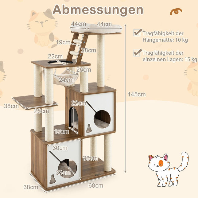 Kaķu māja ar šūpuļtīklu, 2 dzīvokļiem, kāpnēm - 145 cm, koks