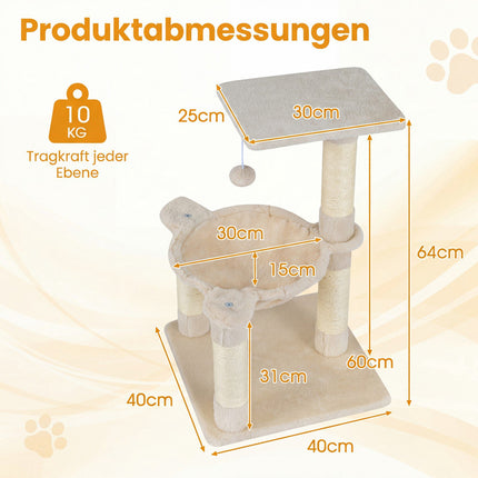 Kaķu koks ar šūpuļtīklu un sizala stabiem, 64 cm, bēšs