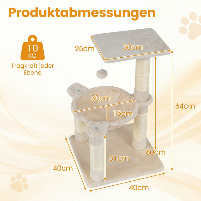 Kaķu koks ar šūpuļtīklu un sizala stabiem, 64 cm, bēšs