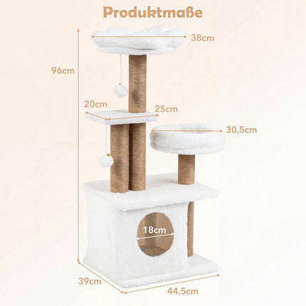 Kaķu koks ar mājiņu, platformu, gultu un bumbiņām, 96 cm bēšs