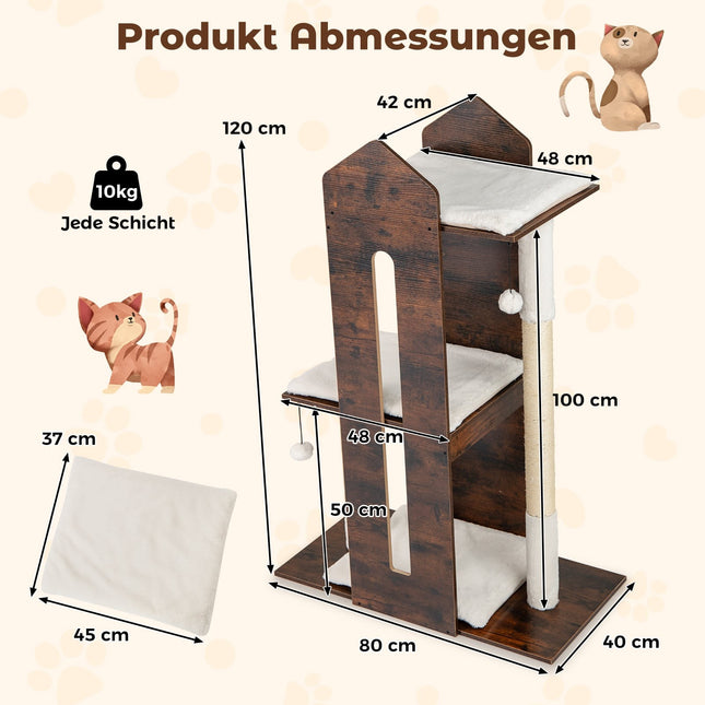 Kaķu māja ar sizala stabiem un piekaramām bumbām, 120 cm, brūna