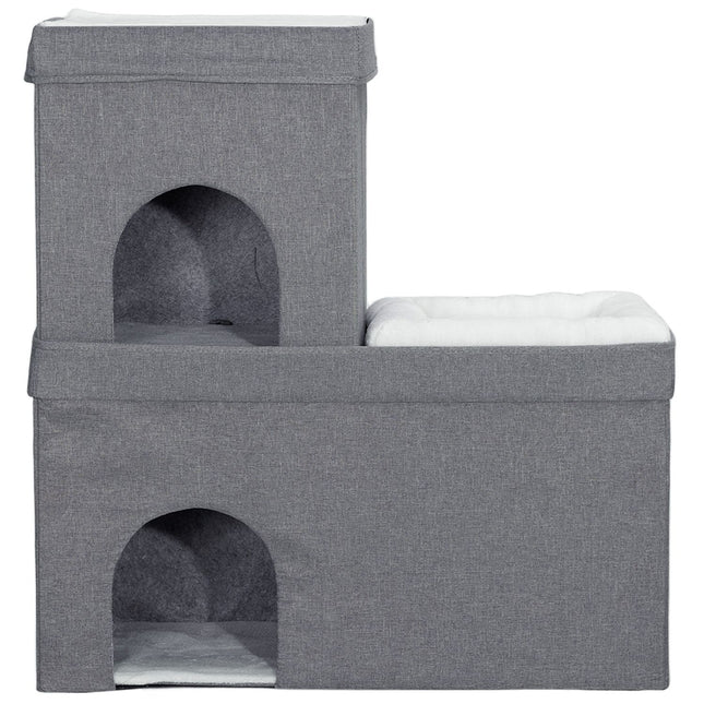 Kaķu alas kaķu māja, kaķu māja ar 3 līmeņiem, kaķu gulta ar spilvenu, suņu māja kaķiem līdz 5 kg, 74 x 37,5 x 78,5 cm, pelēka