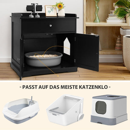 Kaķu mājiņa ar atvilktni un 2 durvīm, 3-in-1 kaķu mājiņa, kaķu pakaišu kaste, sānu galdiņš, melns