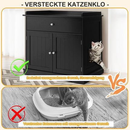 Kaķu mājiņa ar atvilktni un 2 durvīm, 3-in-1 kaķu mājiņa, kaķu pakaišu kaste, sānu galdiņš, melns