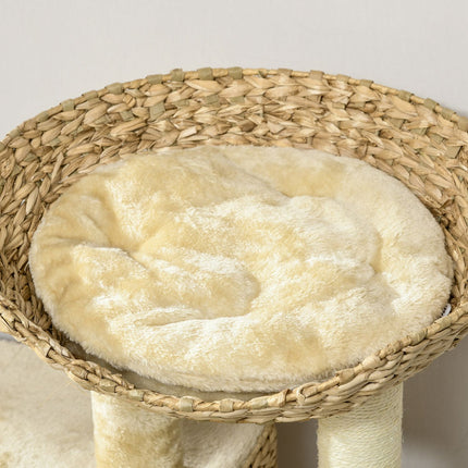 Kaķu skrāpējamā māja 98 cm ar 2 guļamvirsmām, kaķu skrāpējamā māja ar rotaļu bumbu kaķiem līdz 6 kg, kaķu mēbeles, sizala krāsa, bēša
